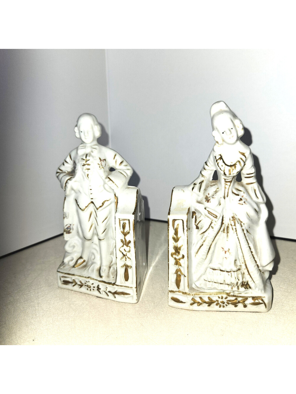 Vintage Porcelain Colonial Couple Bookends Gold Trim Made in Japan Lady &...